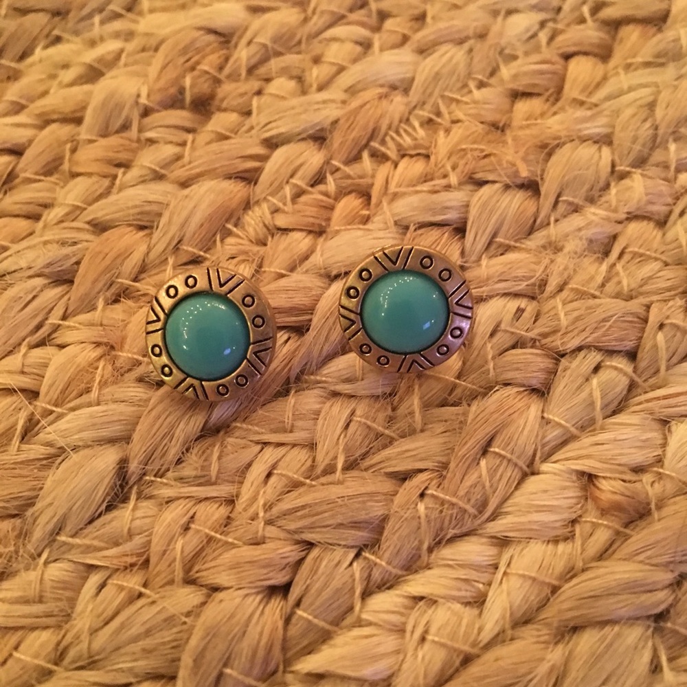 Teal & Antique Gold Aztec Design Stud Earrings